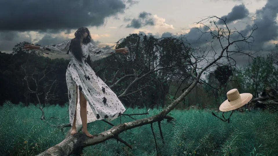 一位戴帽子的女士站在一棵树的树枝上