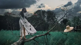 一位戴帽子的女士站在一棵树的树枝上