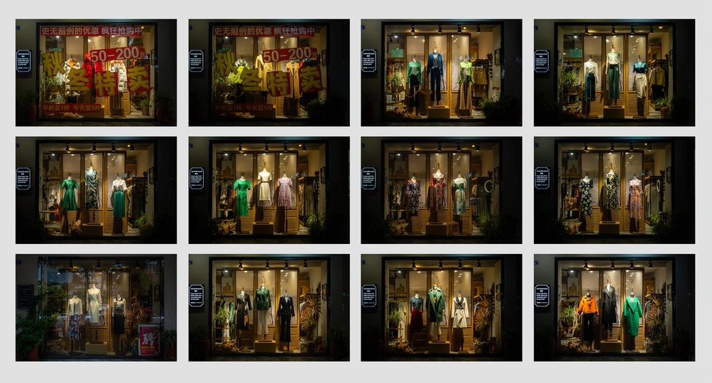 商店窗户里的模特展示服装的窗口