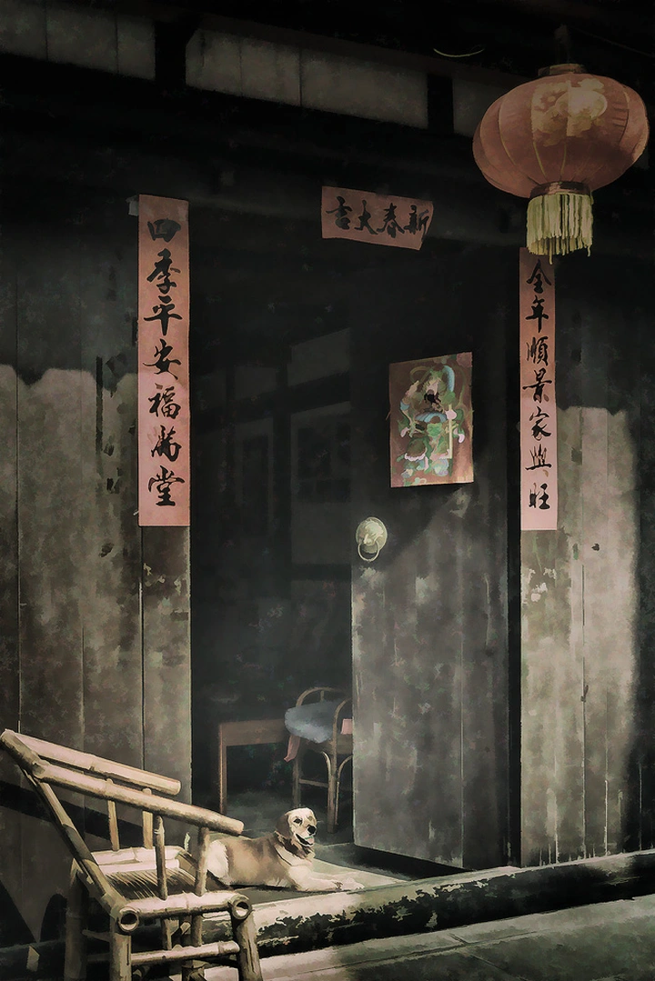 老屋前的竹椅、对联和狗