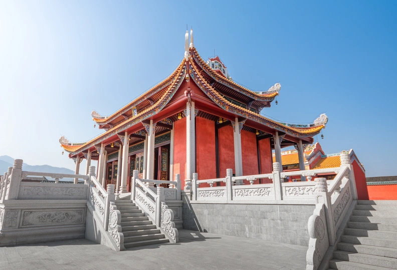 中国的寺庙模型 有红色的屋顶