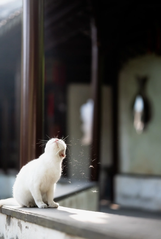 一只白猫坐在窗台上望着窗外