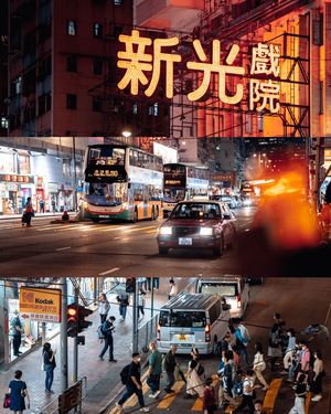 夜晚的城市街道 人们走在街上 公交车和交通。