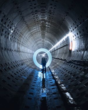 一个人站在一个黑暗的隧道里 隧道尽头有一盏灯。