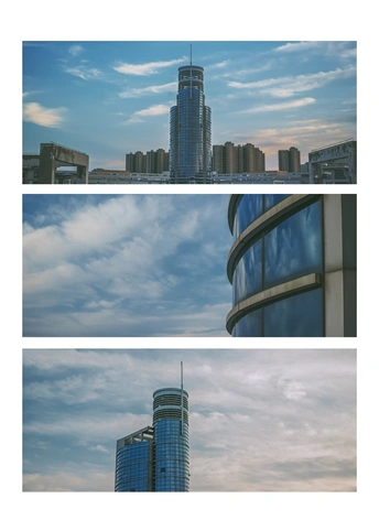 一张中间是一座高楼的照片和一张中间有云的摩天大楼的照片