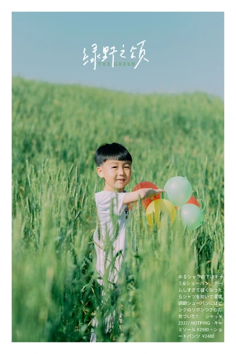 一个小男孩拿着气球站在绿色的草地上