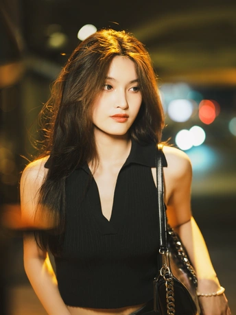 一位穿着黑色连衣裙的年轻女子正在街上走