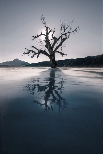 沙漠中湖中的一棵枯树