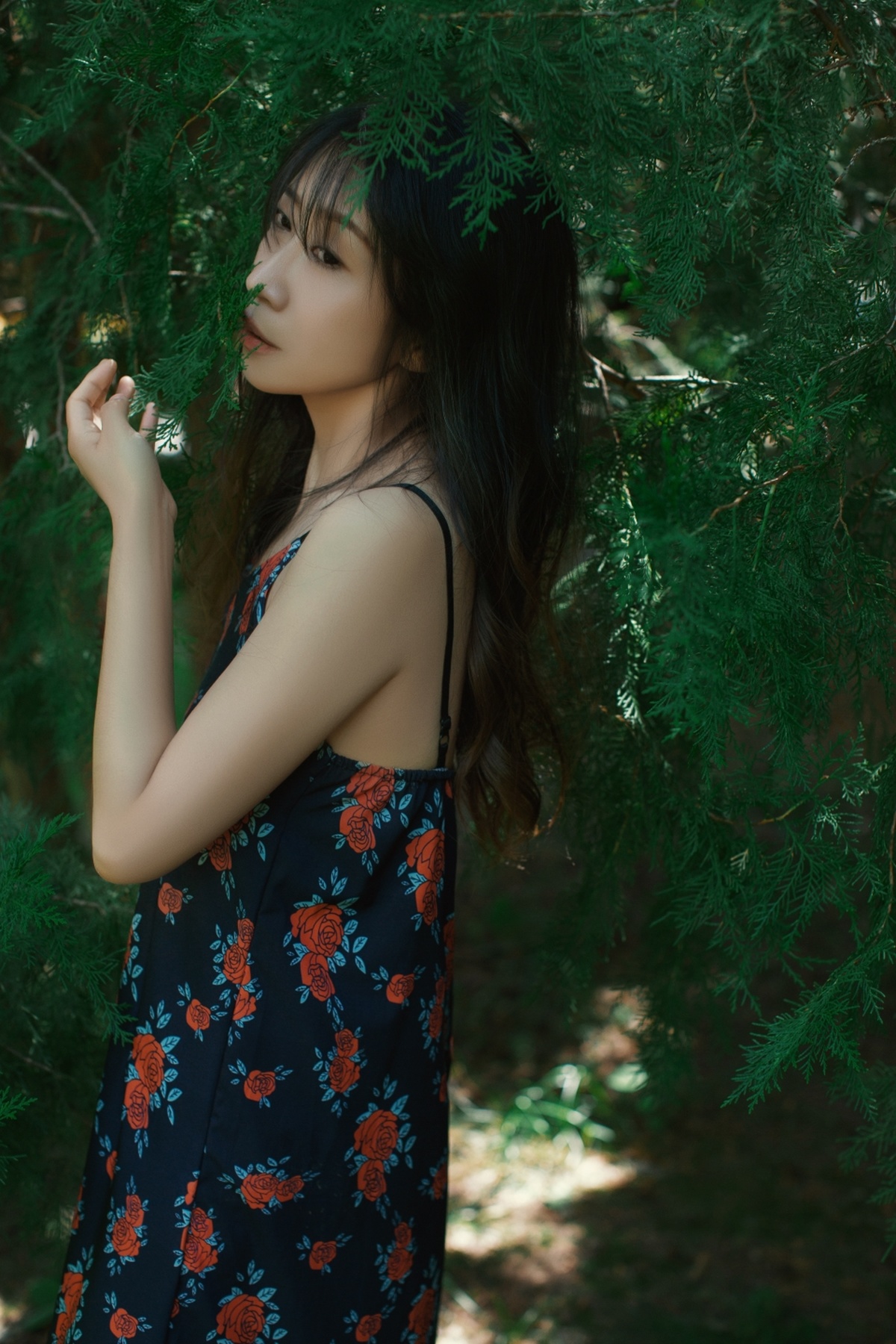 一位穿着花卉裙子的年轻女子站在森林中拿着花。