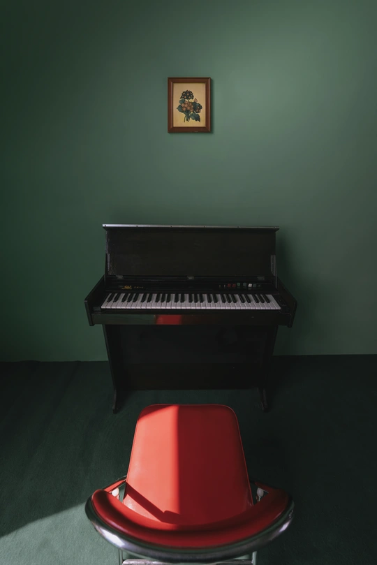 一把红色的椅子坐在一个有画作的房间里