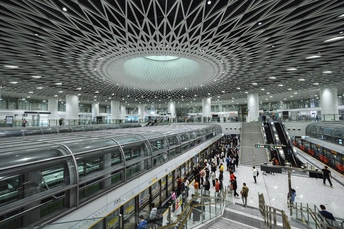 大型火车站 有许多火车和乘客。