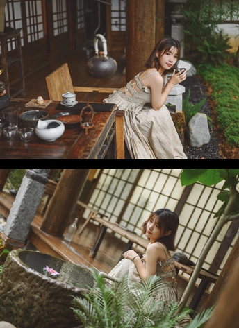 一个年轻女子坐在一个带有花园的茶室里 另一个是穿着裙子的女孩的图像。