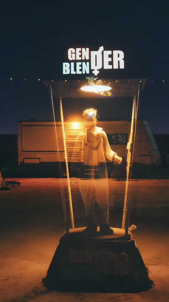 一个夜晚站在一个发光的标志下的人