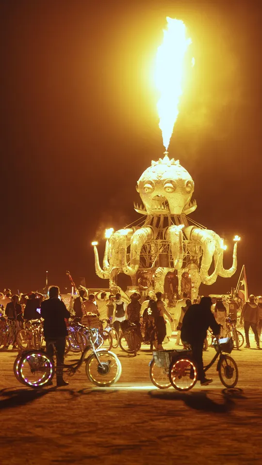 夜晚骑自行车经过一只照亮的大象