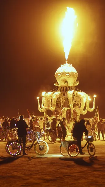 夜晚骑自行车经过一只照亮的大象