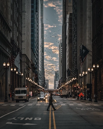 一个有行人、车辆和飞鸟的城市街道