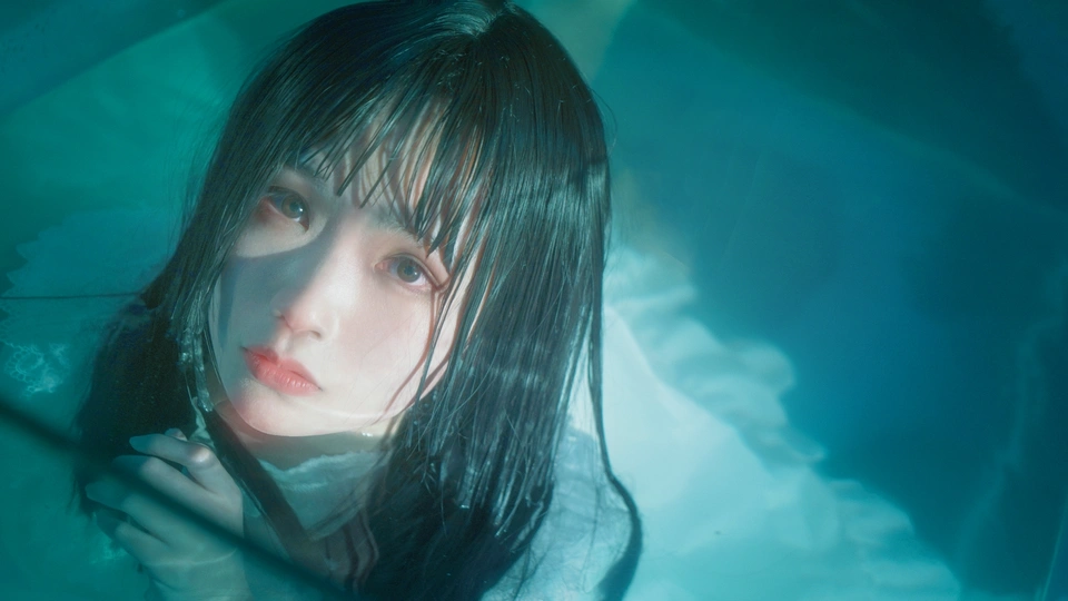 水下撑着伞的年轻女子