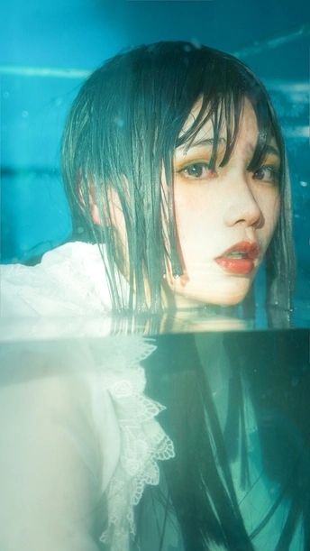 一个女孩在蓝色水池里的水下