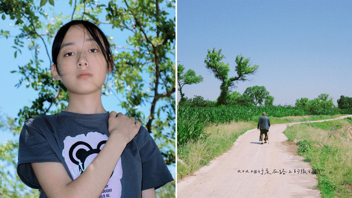 一张年轻男孩和年轻女孩走在泥土路上的一张照片