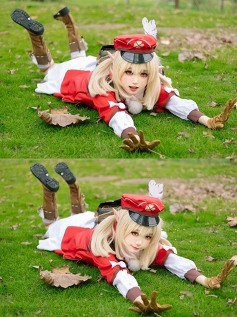 穿着制服的女子躺在草地上 身着服装