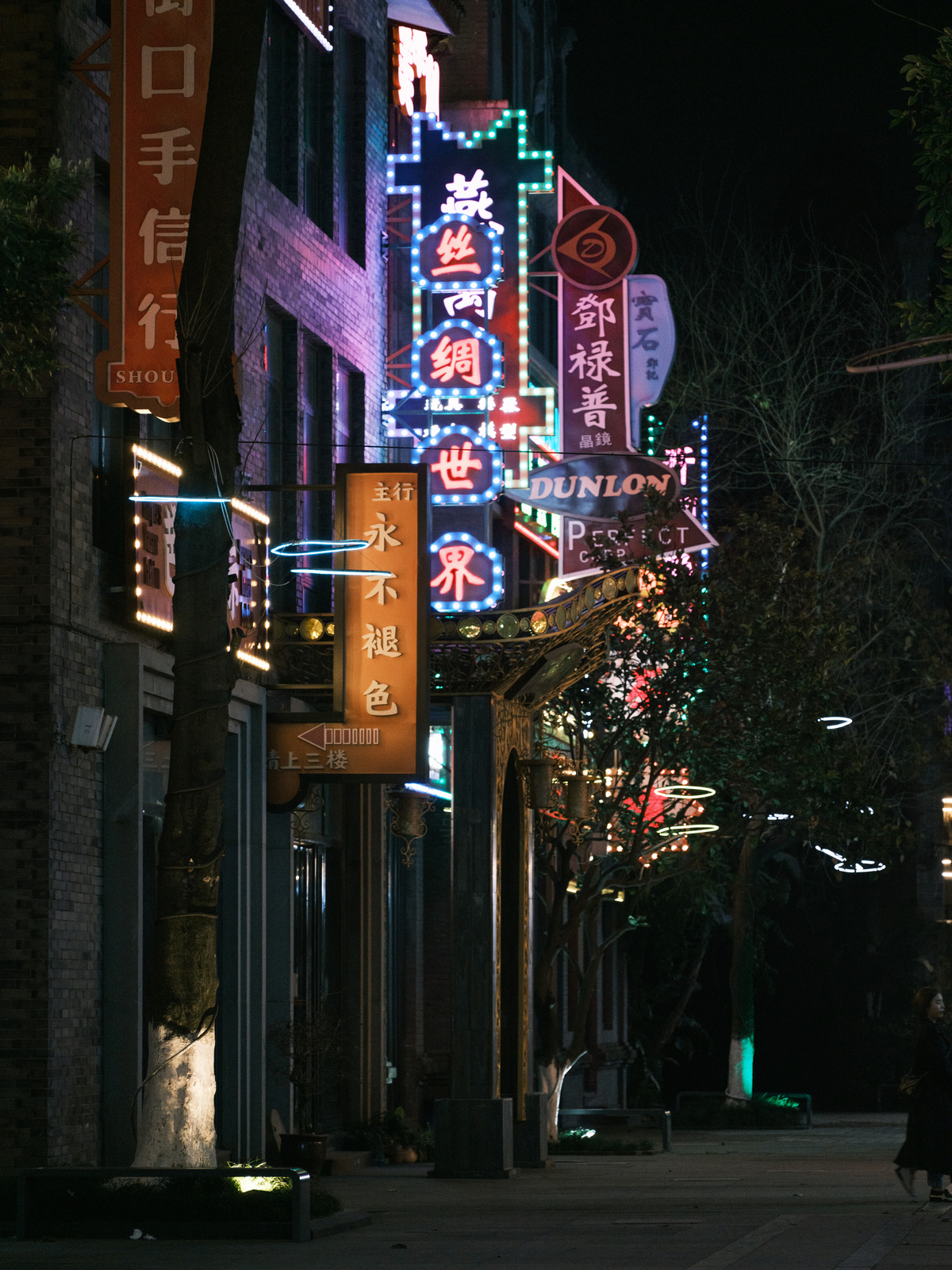 夜晚的一条城市街道 街道上有建筑物和照明的标志
