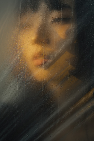 一位年轻女子紧贴着玻璃窗凝视着窗外 她的脸庞紧贴着玻璃。