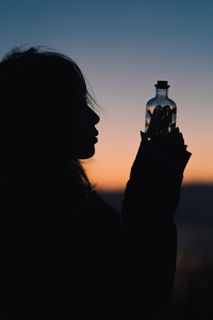 一位女性手持一瓶水 凝视着落日 剪影
