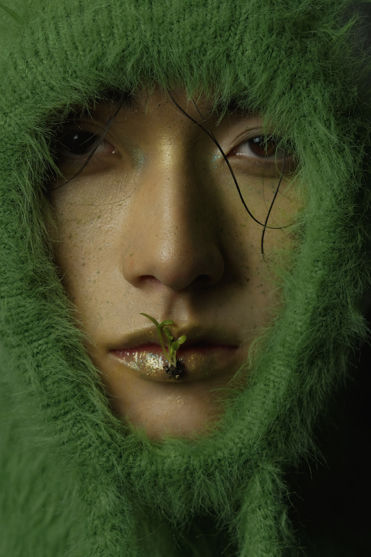 一位留着绿色胡须和头发的男子 眼睛被绿色遮盖。