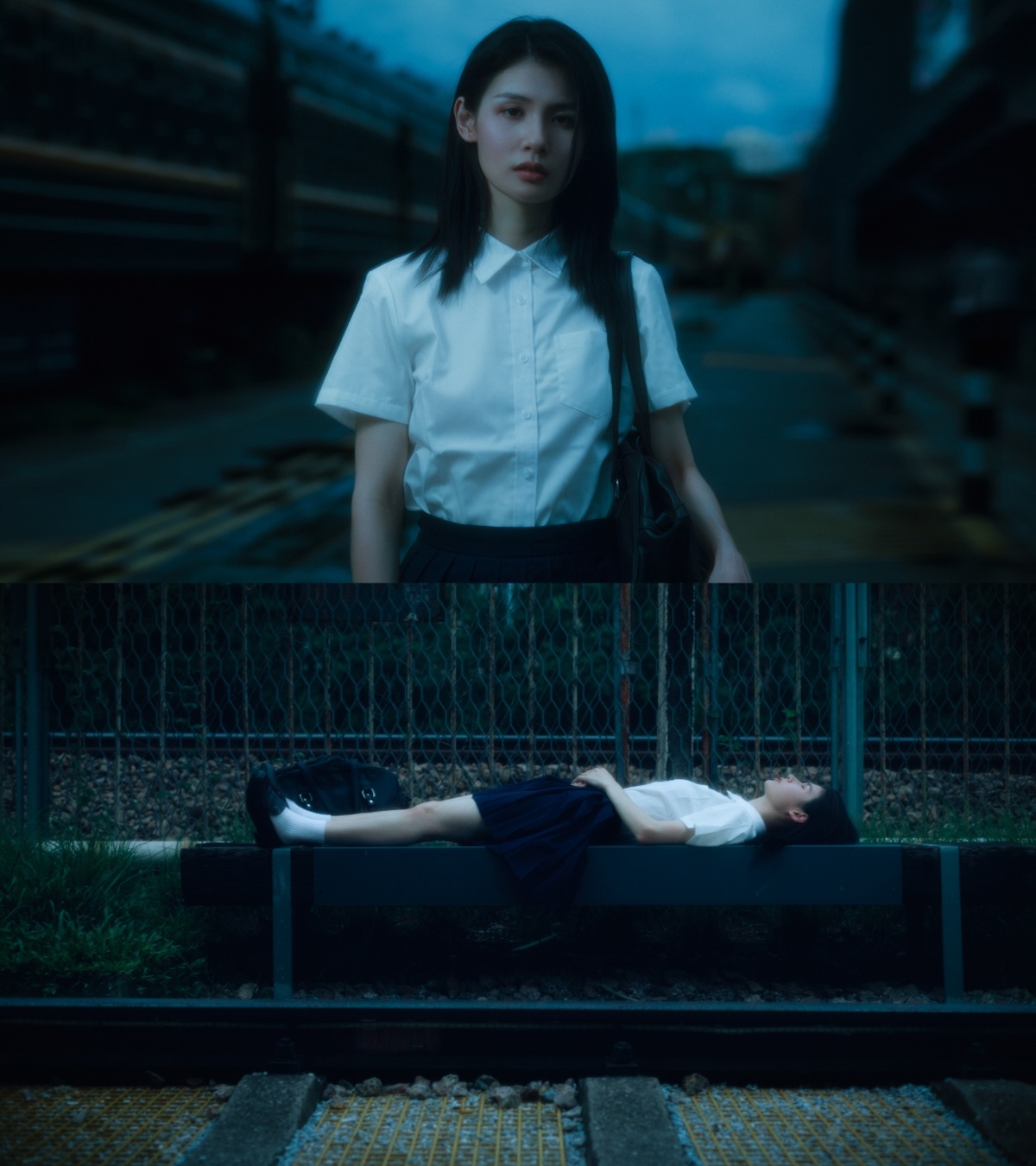 一个穿着白衬衫的年轻女子坐在长凳上 而另一个人躺在铁路轨道上。