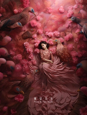 一幅带有鸟和花的女性肖像画