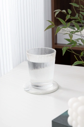 一个放在白色桌子旁边的一盆植物 旁边放着一个清澈的塑料杯。