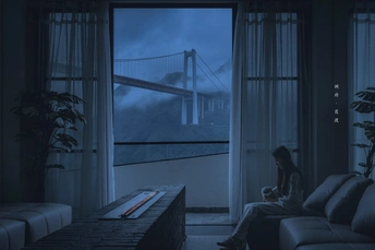 一个女人坐在黑暗房间的沙发上 晚上在雾中看着窗外的一座桥