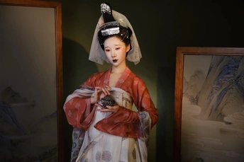 一个穿着和服的女人站在镜子前的雕像