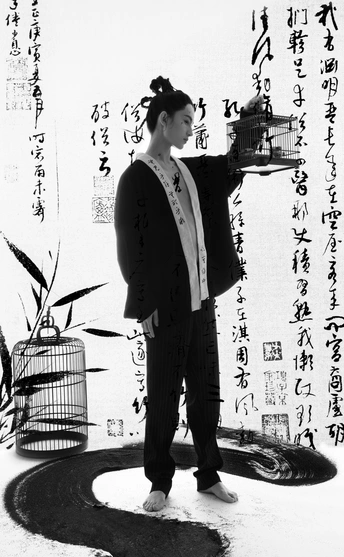 一张黑白照片 一位女士站在笼子前的鸟儿旁边。