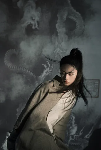 一位年轻女子在艺术作品前摆姿势
