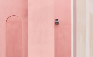 一个带粉红色墙壁和红门的房间
