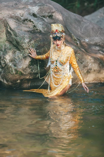 一个穿着戏服的女人涉水而过