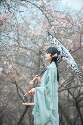 一位穿着蓝色和服的女人抱着一只鸟