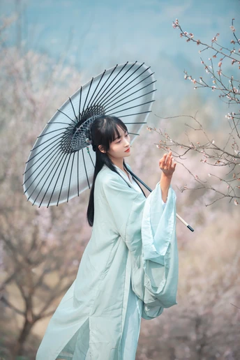 一位穿着蓝色和服的女性拿着一把白伞