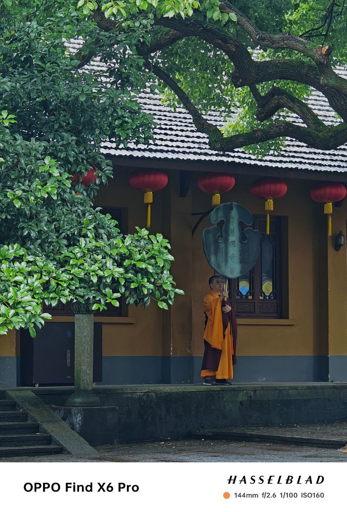 一位和尚站在一棵大树下的小庙前