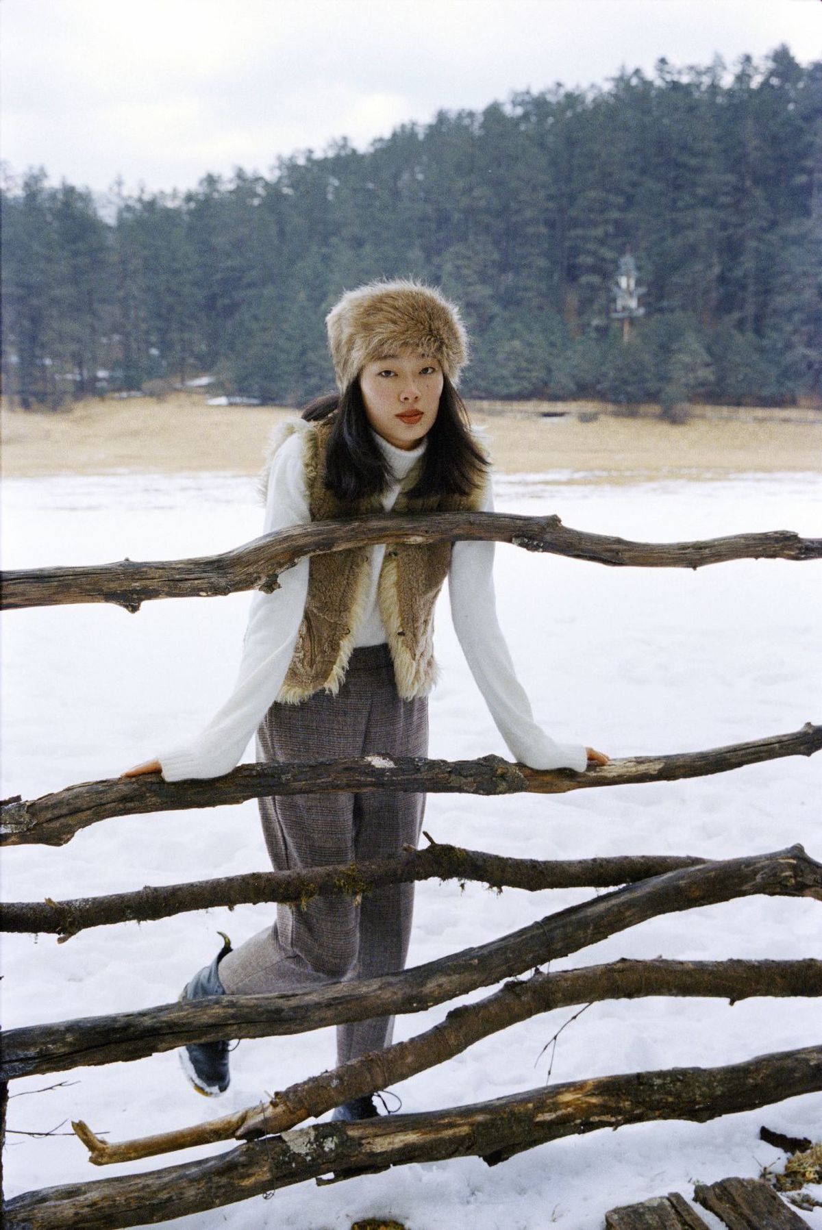 一位站在结冰的田野后面 身后有木栅栏的妇女