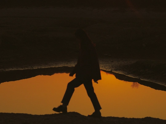 夕阳下漫步在海滩上的男人的剪影