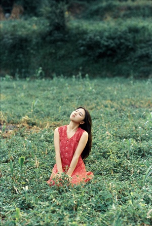 一个穿着红裙子的年轻女子坐在绿草地上