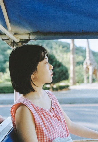 一个穿着连衣裙的年轻女孩坐在车里 看着窗外驶过的长颈鹿