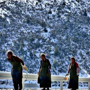 人们站在雪地里的桥上 背景是一座雪山
