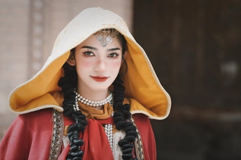 一位穿着传统服装的美丽年轻女士 披着红披肩。