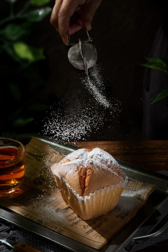 一个人在松饼上撒些糖