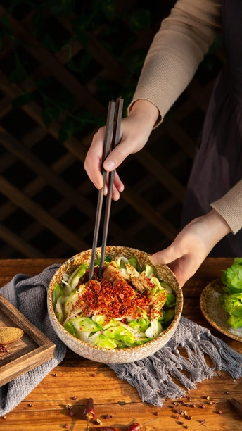 一位女子正在用筷子端着一碗食物放在木桌上 旁边放着一份沙拉。