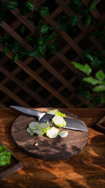 一把刀和一些蔬菜放在木板上