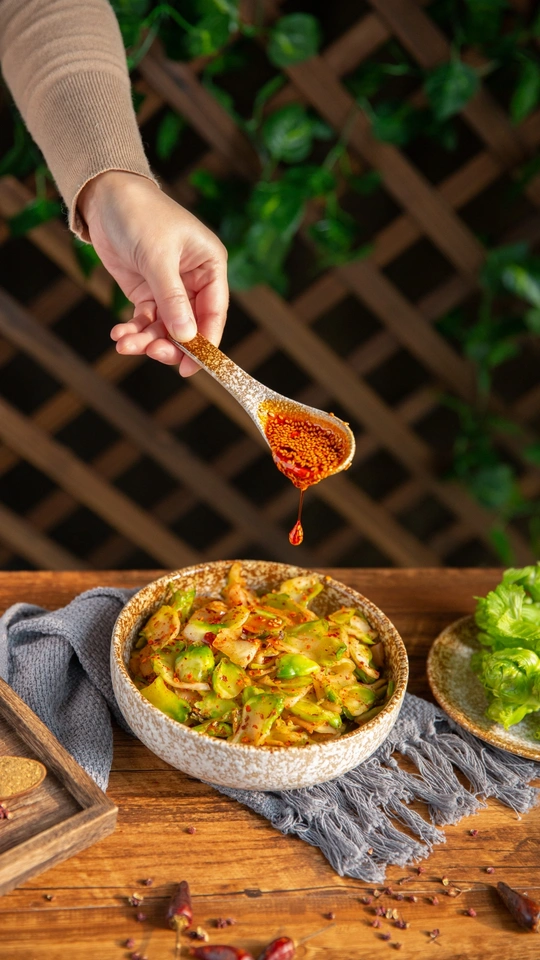 勺子手从木桌上的一碗菜中舀出一些酱汁 上面有生菜。